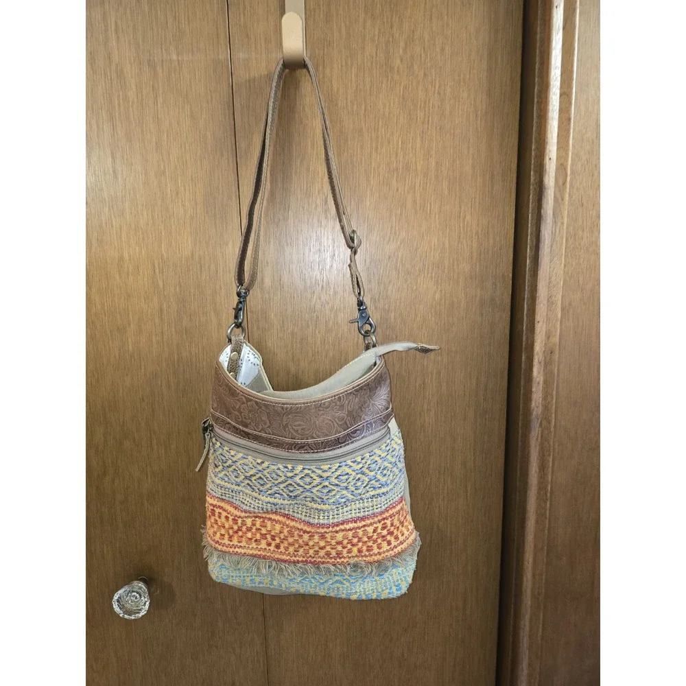 Myra Crossbody Bag Purse Brown Leather Yellow Blue Green Fringe Boho‎ India